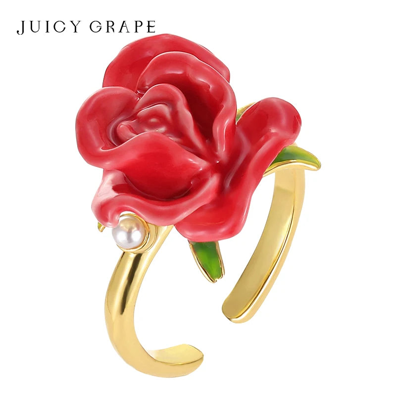 Rose Flower Ring for Women Adjustable Enamel Ring 18K Gold Plated 2024 New Rose Flower Ring Wedding Party Fine Jewelry