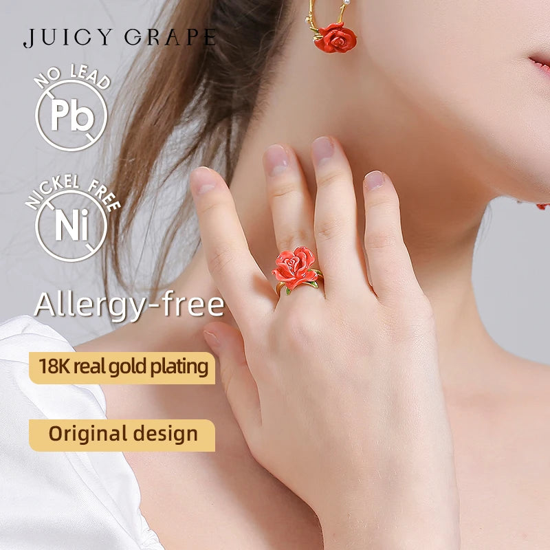 Rose Flower Ring for Women Adjustable Enamel Ring 18K Gold Plated 2024 New Rose Flower Ring Wedding Party Fine Jewelry