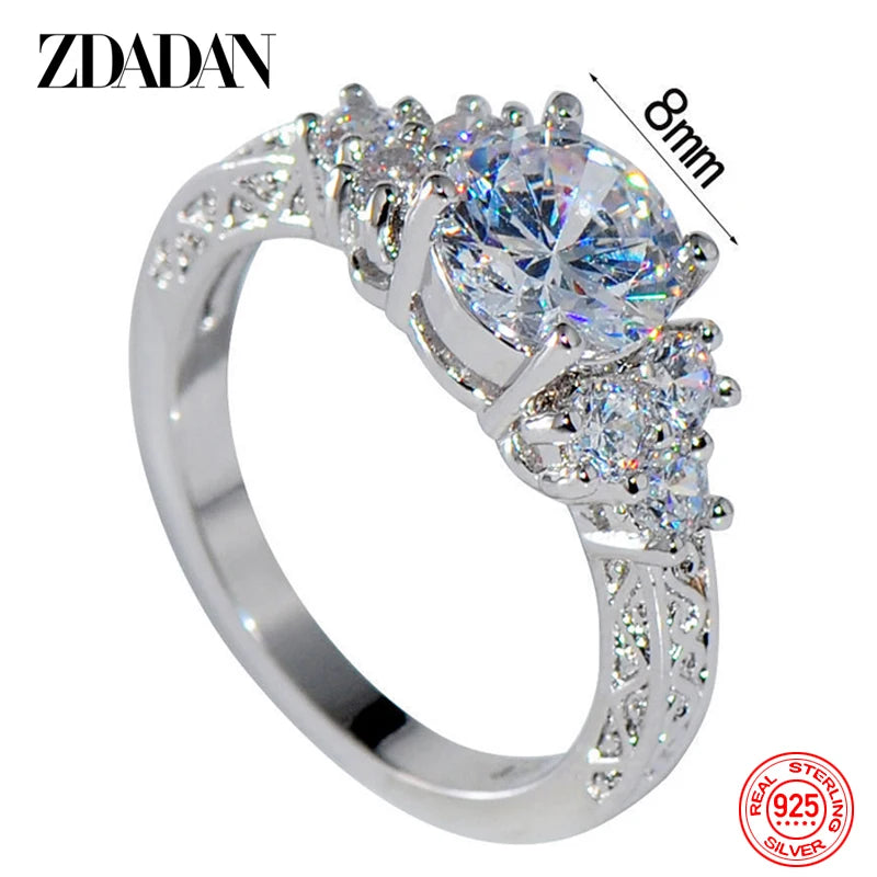 ZDADAN 925 Sterling Silver 8MM Zircon Finger Ring For Women Fashion Wedding Jewelry Accessories Wholesale