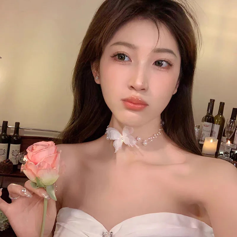 Korean Butterfly Imitation Pearl Chain Choker Necklace Fairy Butterfly Layered Pearl Clavicle Chain Necklaces Women Jewelry