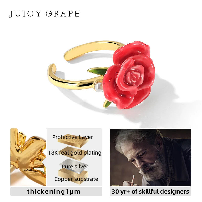 Rose Flower Ring for Women Adjustable Enamel Ring 18K Gold Plated 2024 New Rose Flower Ring Wedding Party Fine Jewelry